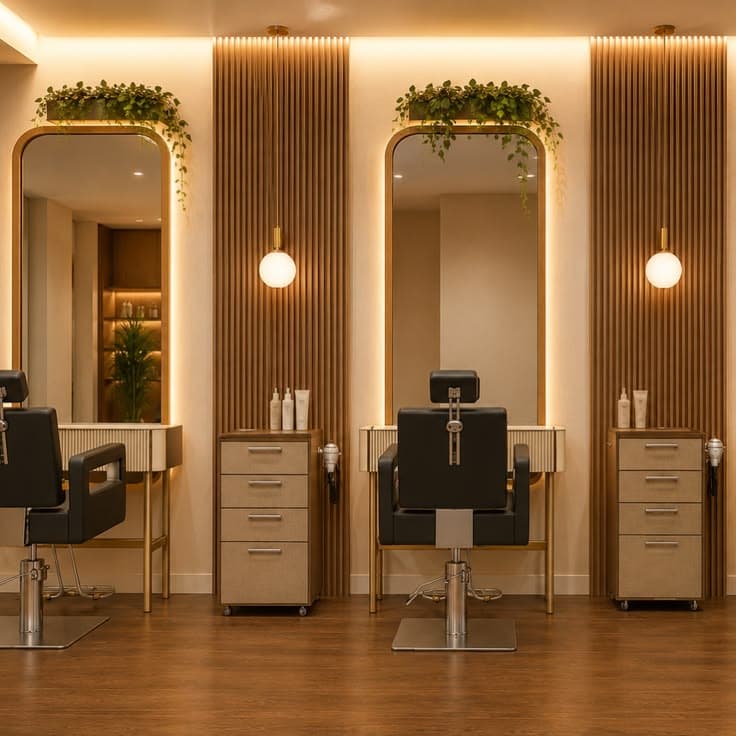 Gold-framed salon suite with styling chair