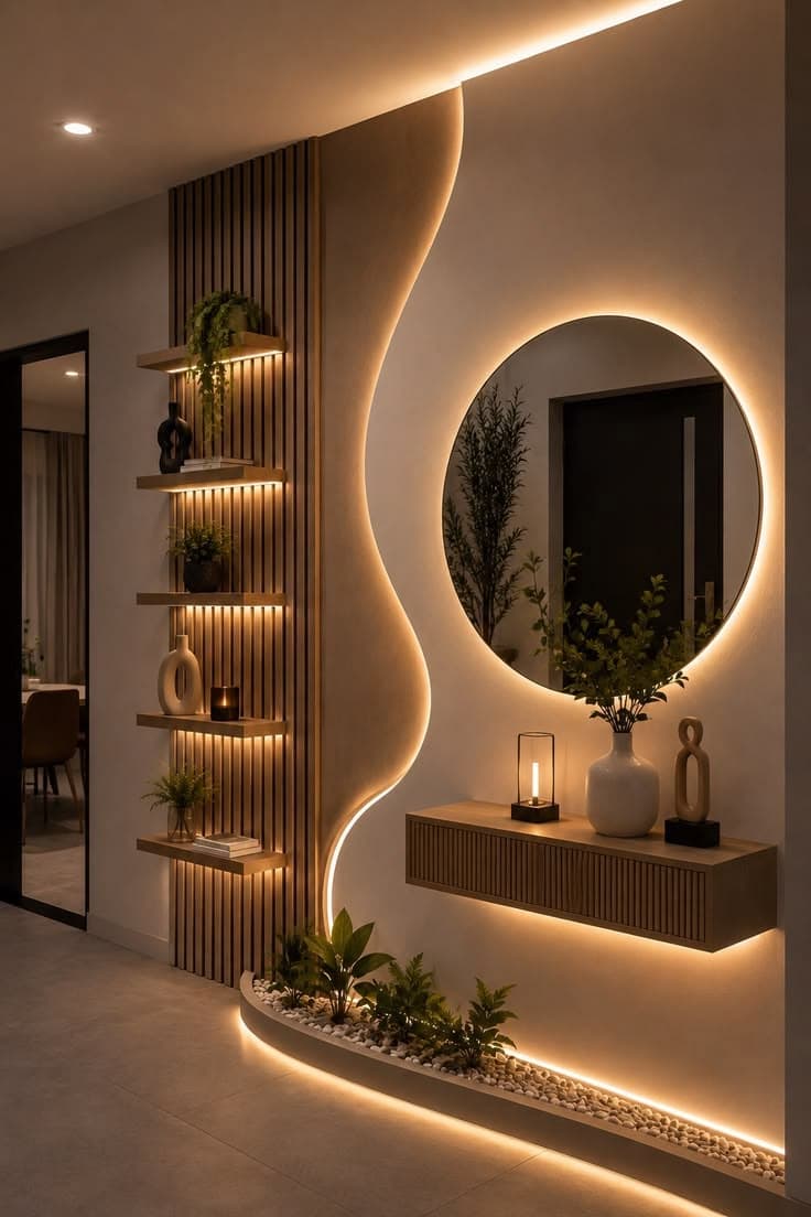 Backlit feature wall with circular mirror